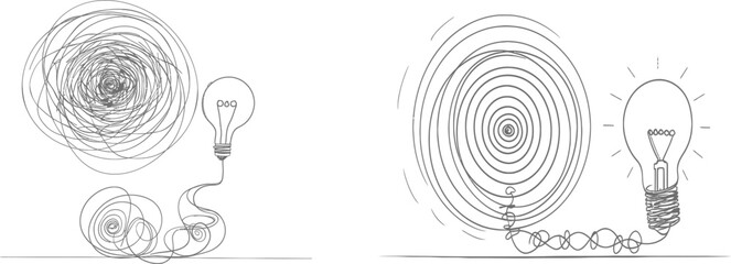 Continuous linear drawing depicting the journey from chaos to simplicity and the lightbulb. Concept of problem solving and business solutions in simple linear style. Editable strokes. Modern