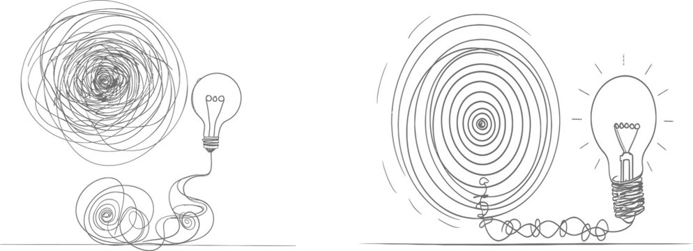 Continuous linear drawing depicting the journey from chaos to simplicity and the lightbulb. Concept of problem solving and business solutions in simple linear style. Editable strokes. Modern
