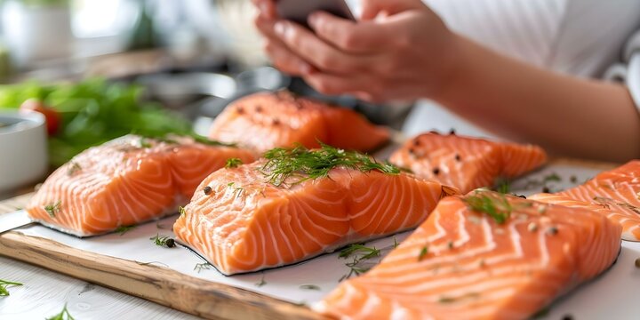Woman photographing salmon steak with smartphone for social media sharing. Concept Food Photography, Salmon Recipe, Social Media Content, Smartphone Photography