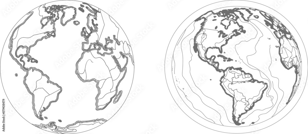 Poster earth globe with a continuous line drawing of the world map and planet symbol. travel and flight con