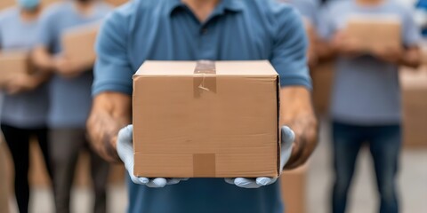 Male volunteer at charity distribution center with international group and donation box. Concept Volunteer Work, Charity Distribution, International Group, Donation Box, Community Support