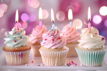 Celebratory birthday cupcake on table with soft light background - sweet and tempting dessert image. Beautiful simple AI generated image in 4K, unique.