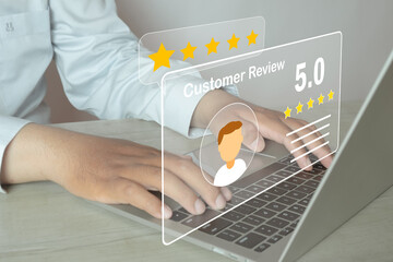 Customer review,customer feedback,five star satisfication,feedback survey concept.,User give a five...