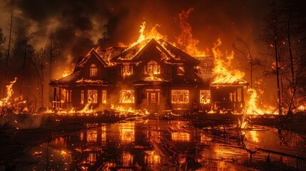 Naklejka premium A grand, two-story house fully ablaze with intense flames, casting an eerie glow across the night sky. The surrounding area is also on fire, creating a chaotic scene.