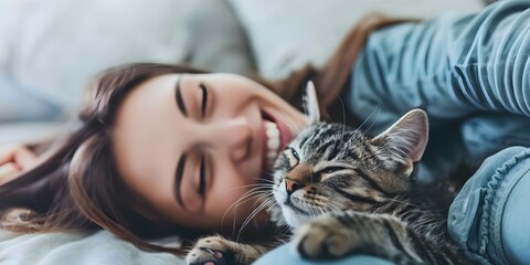 A Person Without Allergies Joyfully Plays with a Cat in Their Home. Concept Pets, Allergies, Animal Companions, Home Comfort, Joyful Moments