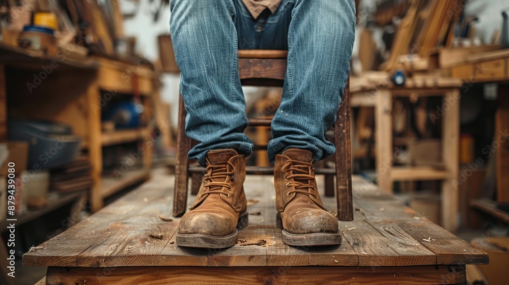 Poster a close-up of worn boots resting on a wooden table in a workshop, conveying a sense of hard work and