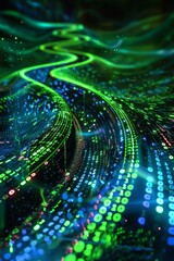 A stream of binary code flowing like a river, with digits and symbols in vibrant colors, cascading through a futuristic, abstract landscape.