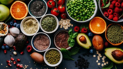 Nourishing food choices for a healthy lifestyle include an array of fresh fruits, vibrant vegetables, nutrient-rich seeds, wholesome grains, and leafy greens.
