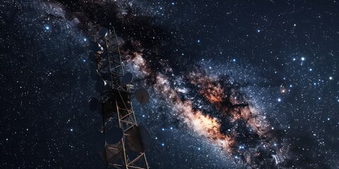 Obraz premium Telecommunication tower cellular. telecommunication equipment with radio modules and media antennas mounted tower against a night sky full of stars city on the horizon and gorgeous Milky Way