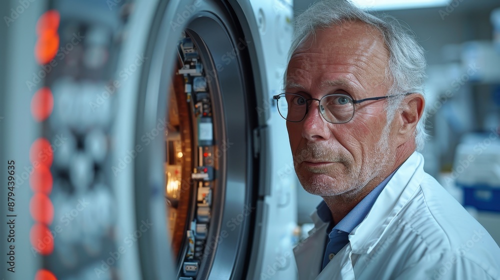 Poster a scientist in a lab coat is examining sophisticated equipment within a laboratory, emphasizing the 
