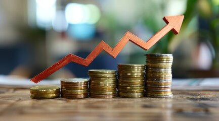 Rising stacks of coins with upward arrow
