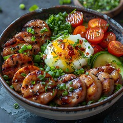 Gourmet Keto-Friendly Dish with Sausages, Boiled Eggs, and Fresh Veggies