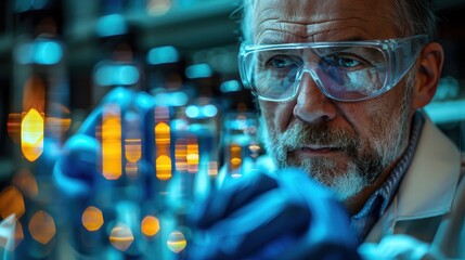 A scientist works diligently in a laboratory, handling various scientific instruments and glass containers filled with samples, focusing on precise experimental research and documentation.
