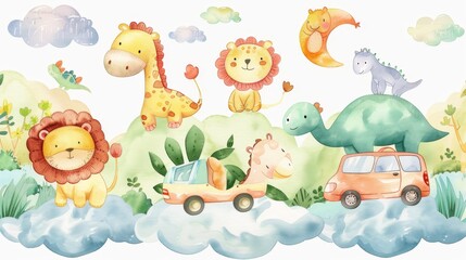 Watercolor illustrations of adorable safari animals on clouds, lions, and dinosaurs driving cars. Cute baby safari animal banner.