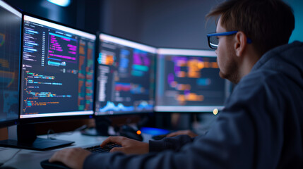 programmer working multiple computer monitors  machine learning algorithms training data cyber security