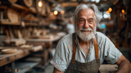An elderly carpenter with a soft smile and gray hair stands proudly in his woodworking shop, sporting an apron and showcasing his dedication to his craft amidst wooden tools.