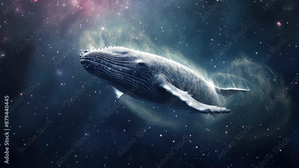 Poster surreal art design of a whale floating in space with a cosmic background and starry sky. digital art