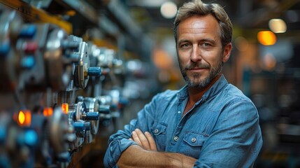 Fototapeta premium A smiling technician in a denim shirt stands confidently at a control panel in a factory environment, embodying a sense of pride, expertise, and a friendly demeanor within industrial settings.