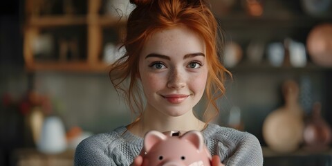 Obraz premium Redhead woman happily holding piggy bank symbolizing financial independence and joy. Concept Finance, Savings, Investment, Independence, Happiness