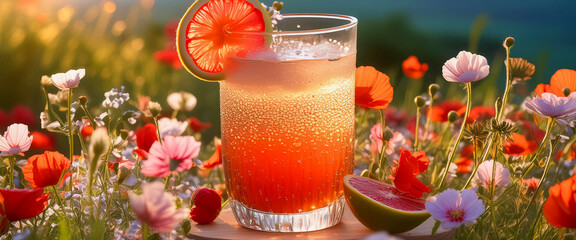 Fresh healthy cold beverage in a transparent glass with a field of flowers in the background