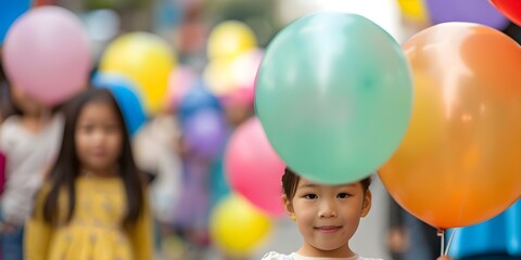 Obraz premium Vibrant Parade Celebrates World Refugee Day with Children, Balloons, and Community Spirit. Concept World Refugee Day, Parade Event, Children Participants, Balloons Decoration, Community Celebration