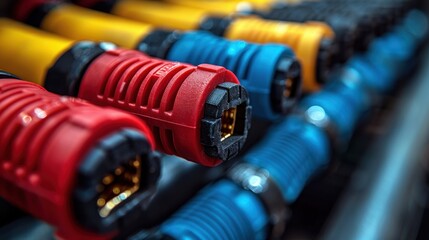 Close-up shot of colorful connectors neatly organized on a store shelf, showcasing the intricate details and textures of the connectors under bright lighting.