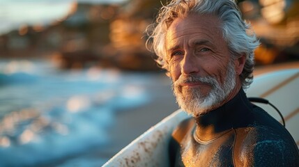 Fototapeta premium An elderly man with grey hair and a beard, dressed in a wetsuit, blissfully smiles while holding a surfboard on a beach during sunset, exuding serenity and a love for surfing.