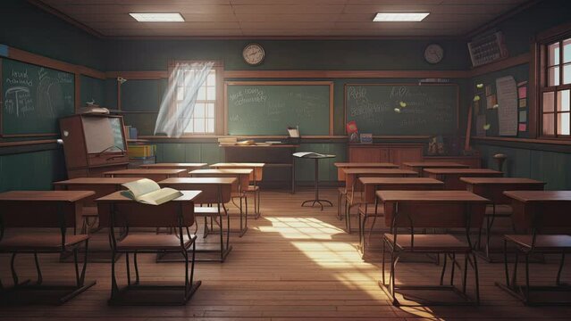 back to school classroom with blackboard background with anime or cartoon style. seamless looping time-lapse virtual video animation background.