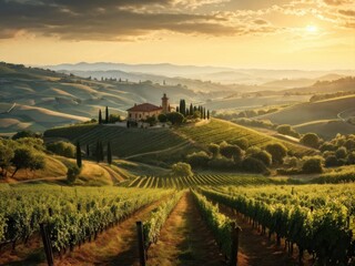 Fototapeta premium Tuscan Treasure: Italian winemaking tradition unfolds - rolling hills, sun-drenched vines and timeless elegance. generative AI