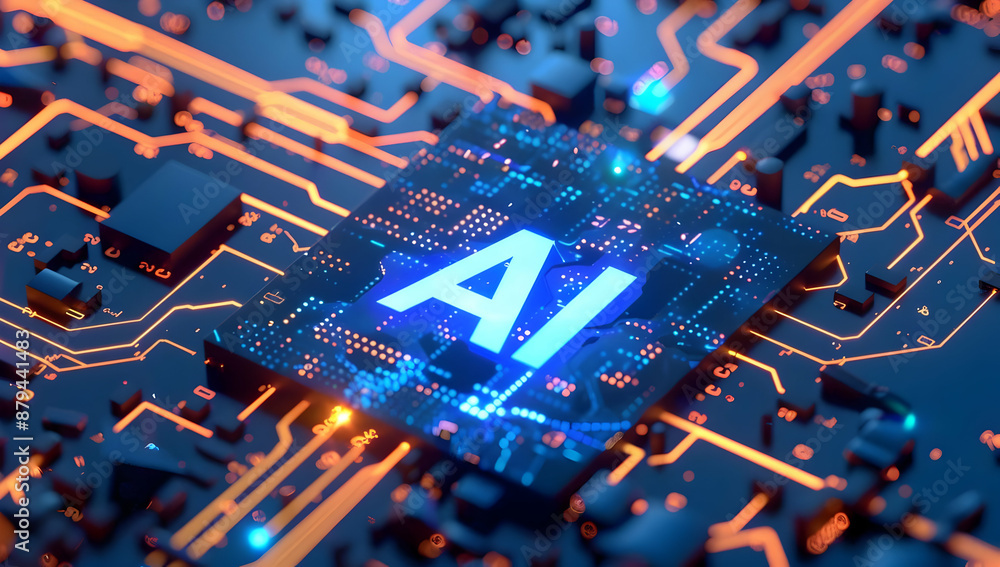 Poster ai circuit board with glowing elements, symbolizing advanced artificial intelligence and modern tech