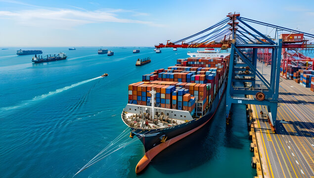 Aerial view of a bustling port with container ships docked and others navigating, showcasing global trade and maritime logistics.