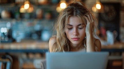 A young woman with messy hair looks stressed and tired as she works on her laptop in a cozy setting, symbolizing the hurdles of modern-day remote work and digital fatigue.