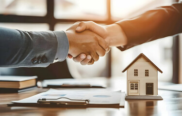 Business handshake in office with house model and documents. Symbol of real estate, agreement, and partnership in professional setting.