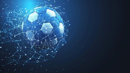Fototapeta premium This image displays a blue wireframe soccer ball floating in a luminous digital space, symbolizing the synergy between sports and futuristic digital innovation.