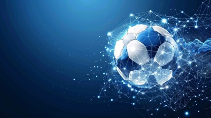 Naklejka premium A 3D digitally created soccer ball is represented in a network mesh with glowing points and lines, set against a striking deep blue background, showcasing technology blending with sports.