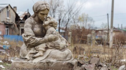 Fototapeta premium war concept Statue of a mother holding a child in a war-torn area, with damaged buildings in the background, representing loss and resilience, horizontal photoconcept: war-torn area, statue of mothe