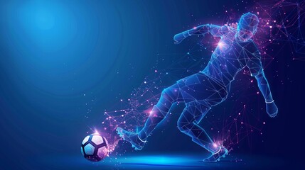 A digital illustration showcasing a soccer player in mid-air performing a side kick, constructed of abstract interconnected points and lines against a blue backdrop.