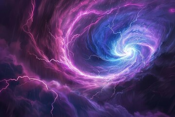 Fototapeta premium A tornado made of pure energy, with arcs of electricity in bright blues, purples, and pinks spiraling upwards 