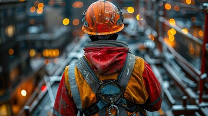 Obraz premium A construction worker is seen from behind wearing safety gear at an active construction site. The image portrays the importance of safety, hard work, and dedication in the construction industry.