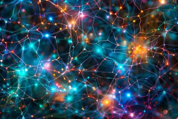 A visually intricate representation of an artificial neural network, with glowing nodes and connecting lines forming a web of vibrant colors like teal, magenta, and orange. 