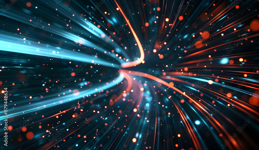 Poster colorful abstract light trails creating dynamic movement with vibrant dots on a dark background, per