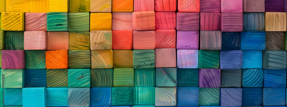 Poster colorful wooden blocks arranged in a pattern, displaying various shades and hues creating a vibrant 
