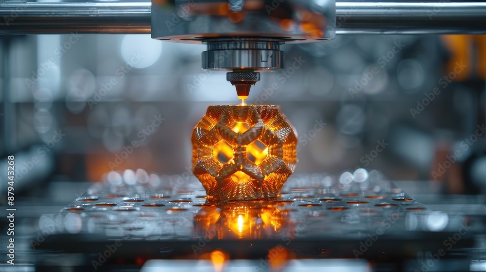 Poster a close-up of an intricate, geometrically detailed object being created by a 3d printer, glowing a v