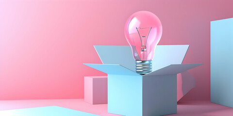 Creative concept image of a pink light bulb inside an open box against a pastel background, symbolizing innovation and ideas.