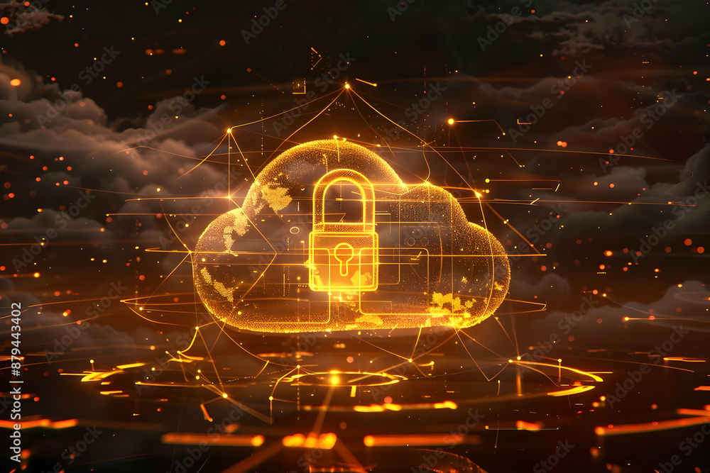Poster digital cloud security concept with a lock symbol, representing data protection and cybersecurity in