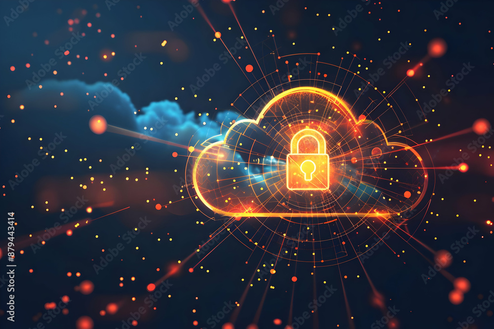 Poster digital cloud security illustration with glowing lock symbol and network connections, representing o
