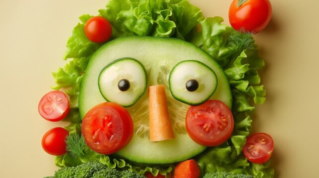 Creative vegetable face on green plate, fun food art for kids
