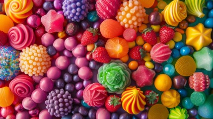 Fototapeta premium Assortment of colorful candies and sweets, including gummies, chocolates, and jelly beans, in vibrant shapes and textures, horizontal photoconcept: colorful candies, sweet assortment, vibrant sweets