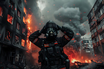 Firefighter wearing protective gear in front of a burning building amidst thick smoke and flames, showcasing bravery and rescue operations.