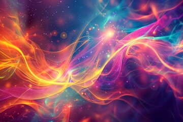 Fototapeta premium An abstract visualization of quantum entanglement, with swirling, intertwined particles and waves of light in a spectrum of bright, contrasting colors. 